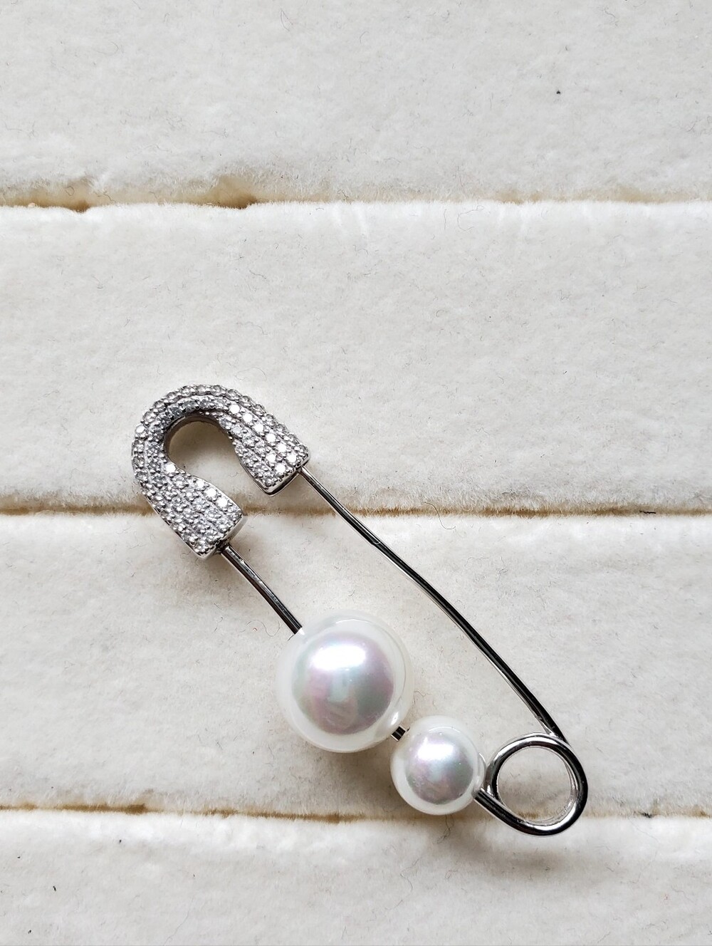 APM Monaco Silver Faux Pearl Pave Safety Pin Pendant/Charm